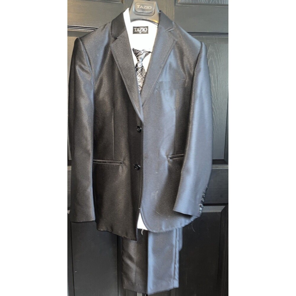 TAZIO Italy Boys Suit Size 12 Black 4Pc Blazer Pants Shirt Tie Formal Wedding